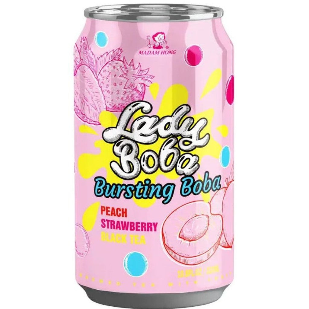 Chá Preto Sabor Pêssego e Morango com Bolinha de Tapioca Bubble Tea 320ml Madam Hong