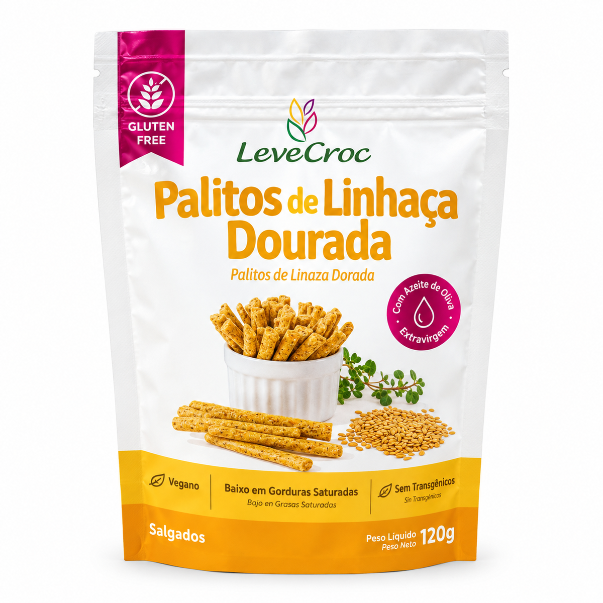 BISCOITOS SALGADOS PALITOS DE LINHACA DOURADA 120G LEVE CROC