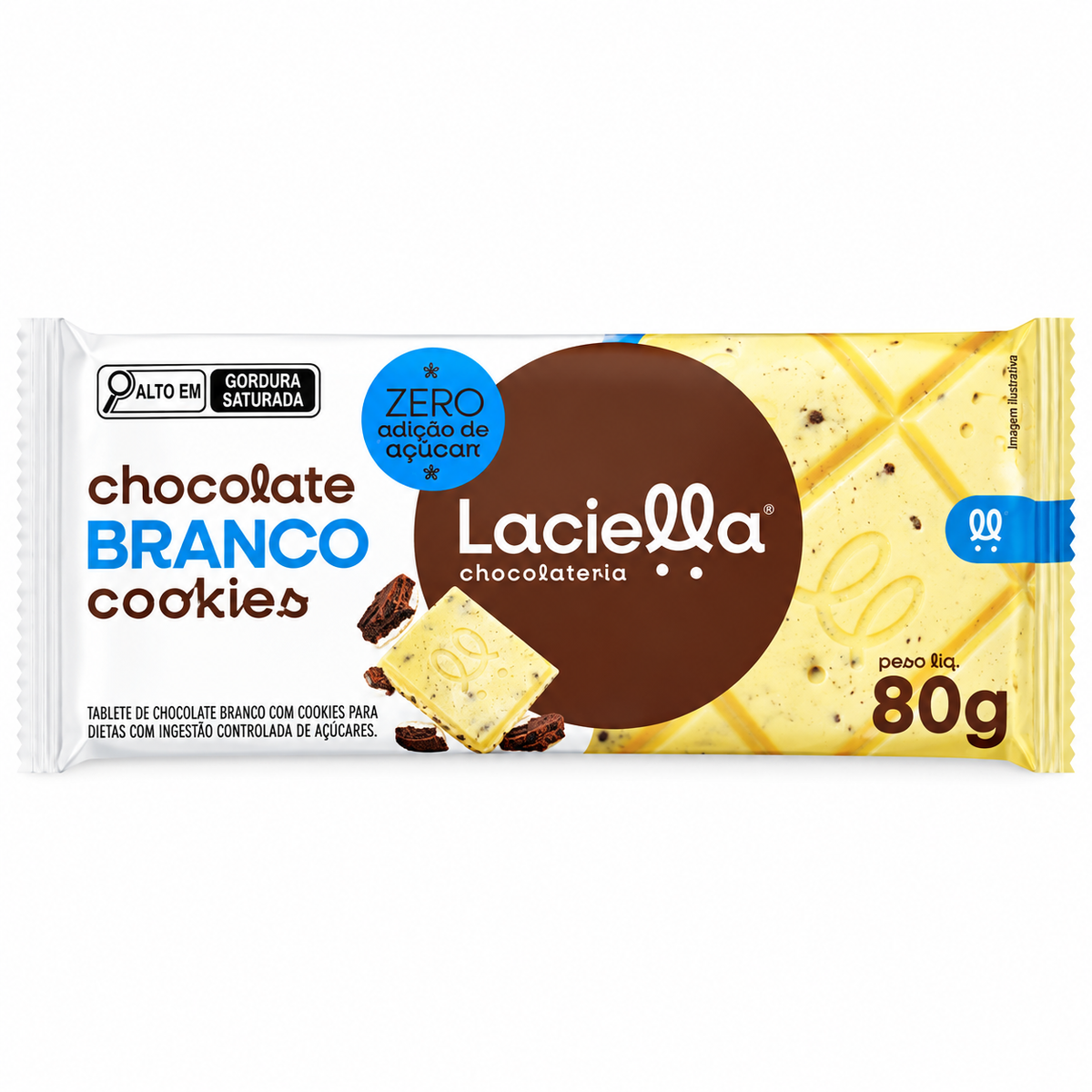 Barra de Chocolate Branco Cookies Zero Açucar 80g - Laciella
