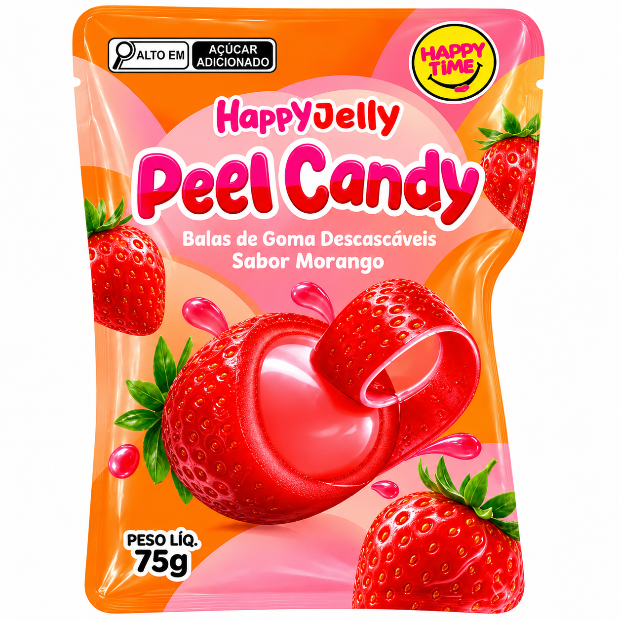 BALA DE GOMA DESCASCAVEL MORANGO 75g HAPPYJELLY PEEL CANDY