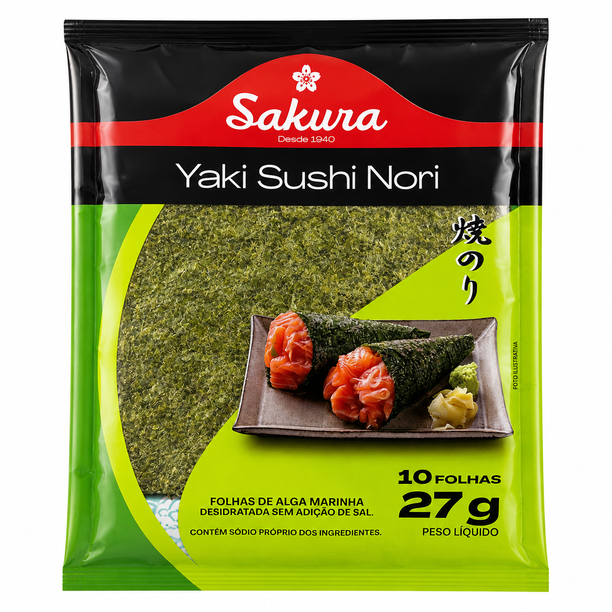 FOLHAS DE ALGA MARINHA YAKI SUSHI NORI 10 FOLHAS 27G SAKURA