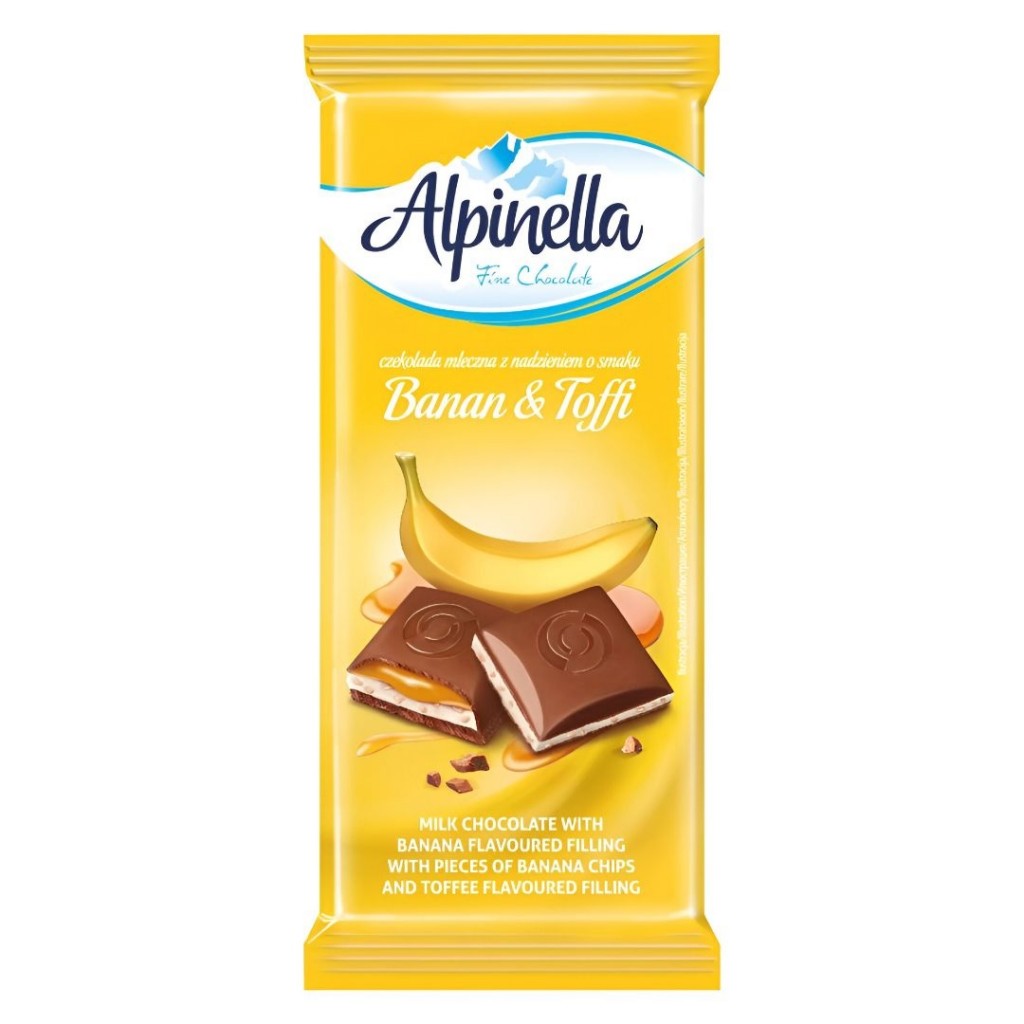 Chocolate ao Leite com Recheio de Banana e Caramelo 100g Alpinella Validade: 30/05/2026