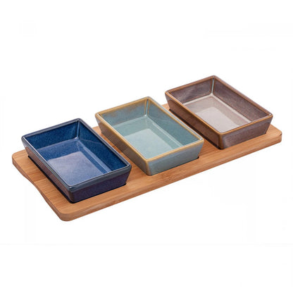 Conjunto 3 Petisqueiras com Bandeja em Bambu 31x14,5x3,5cm Lyor