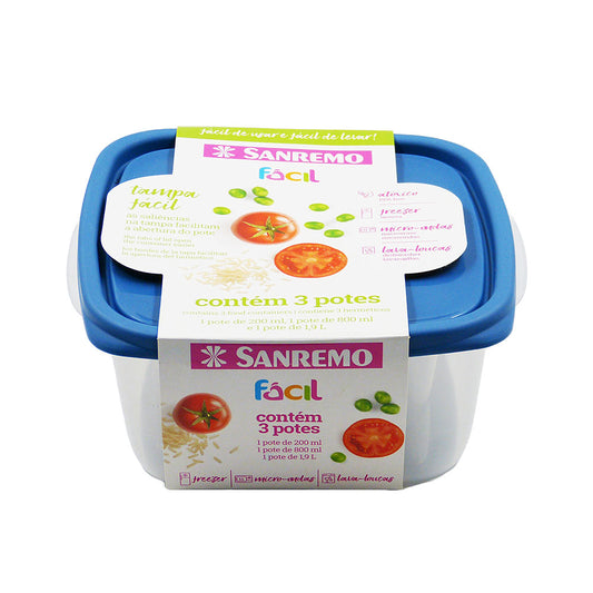 Conjunto com 3 Potes Plástico 200ml/800ml/1,9l