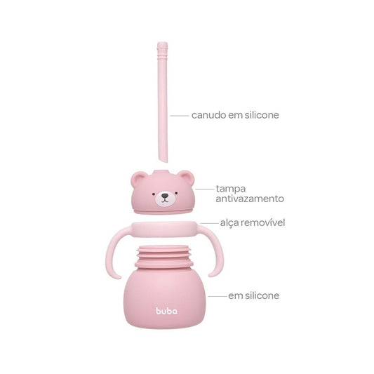 Copo em Silicone com Canudo Ursinho  Rosa Buba