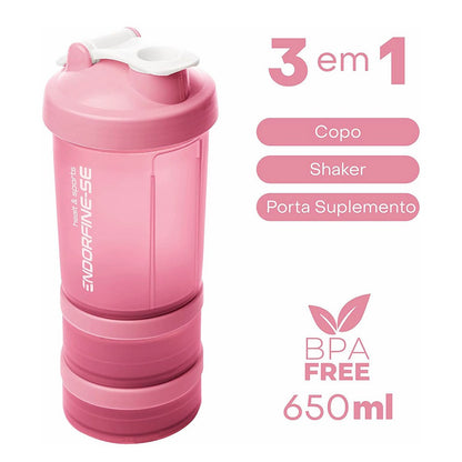 Garrafa Shaker 3 em 1 Lyor Performance 650ml Rosa Livre de BPA