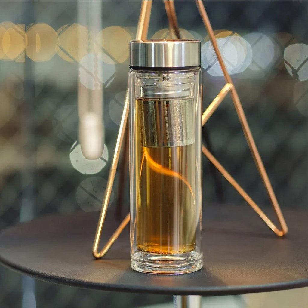 Garrafa Giro Vidro Duplo Com Infusor E Tampa De Aço Inox 300ml Talcha