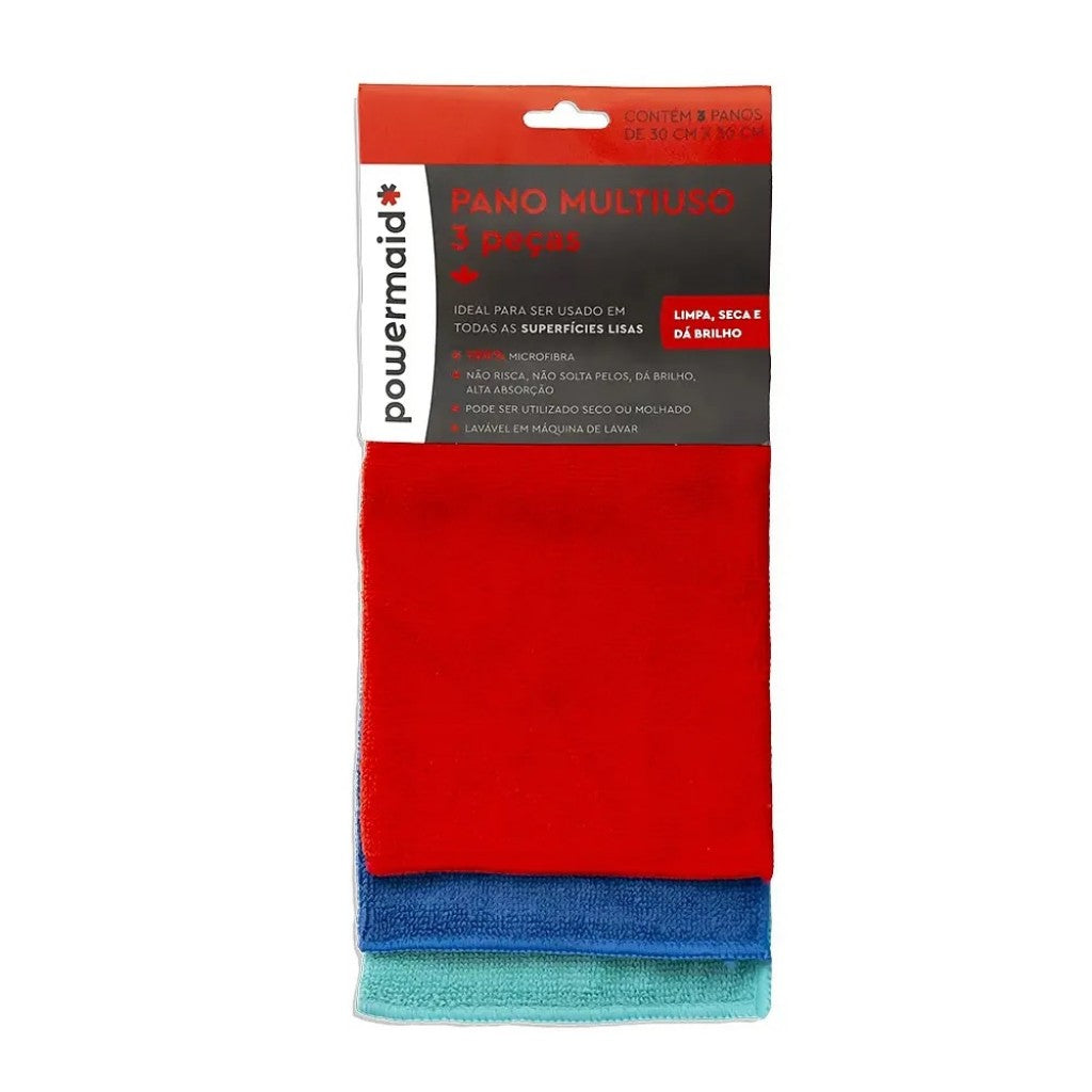 Kit 3 Panos Microfibra Multiuso Sortido 30x30cm Powermaid