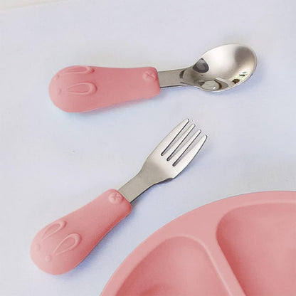 Kit Talheres Silicone e Aço Inoxidável Coelhinho Buba