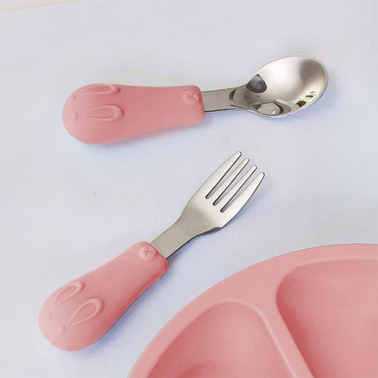 Kit Talheres Silicone e Aço Inoxidável Coelhinho Buba