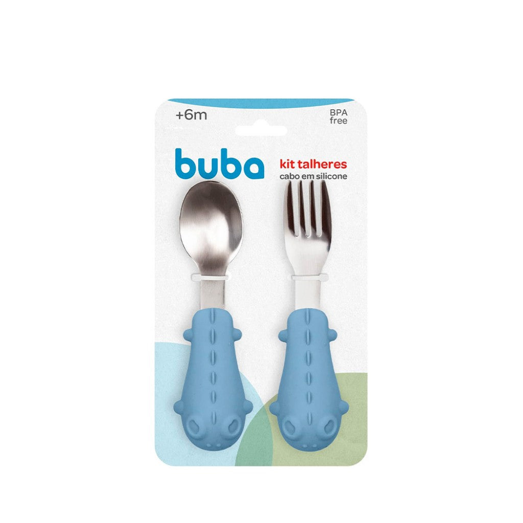 Kit Talheres Silicone e Aço Inoxidável Dino Azul Buba