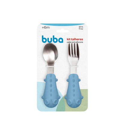Kit Talheres Silicone e Aço Inoxidável Dino Azul Buba