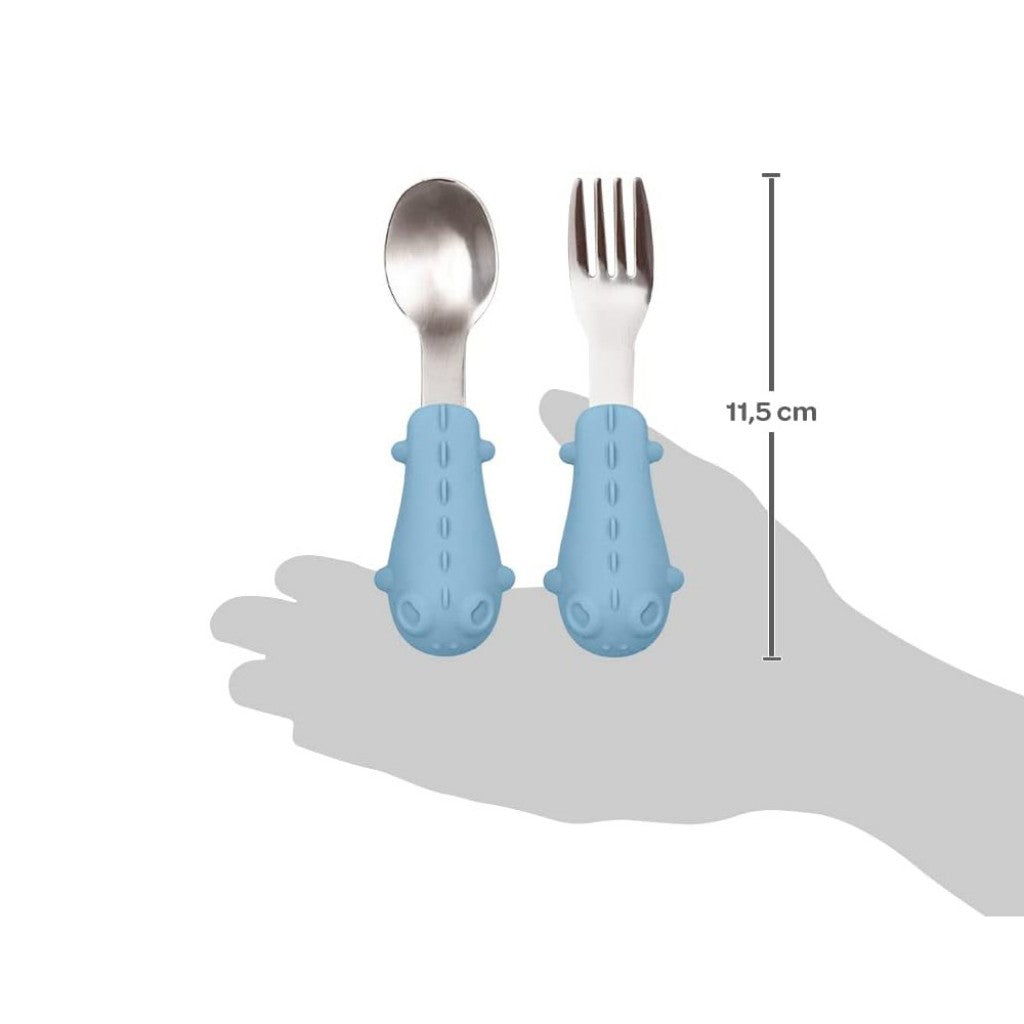 Kit Talheres Silicone e Aço Inoxidável Dino Azul Buba