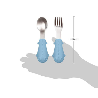 Kit Talheres Silicone e Aço Inoxidável Dino Azul Buba