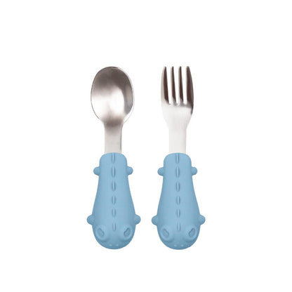 Kit Talheres Silicone e Aço Inoxidável Dino Azul Buba