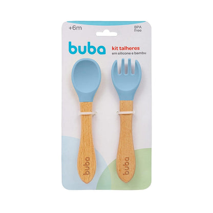 Kit Talheres em Silicone e Bambu Azul Buba