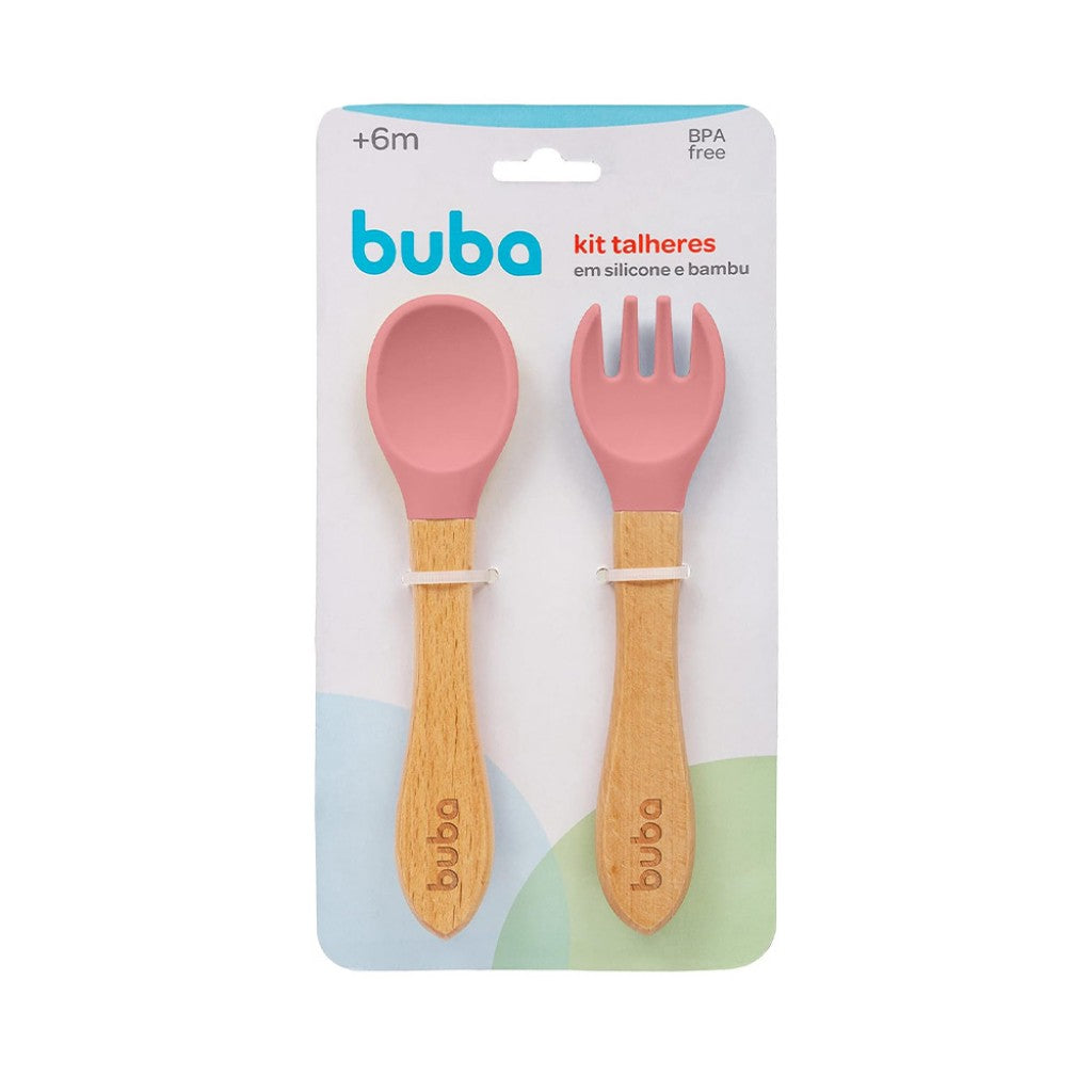 Kit Talheres em Silicone e Bambu Rosa Buba
