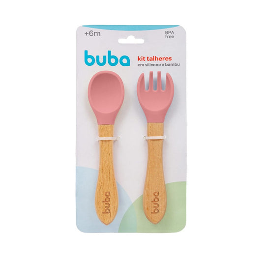 Kit Talheres em Silicone e Bambu Rosa Buba