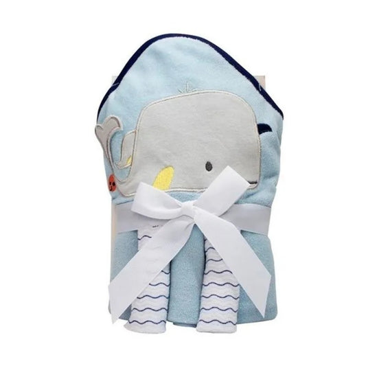 Kit Toalha com Capuz e Toalha de Boca Baleia Azul Camesa