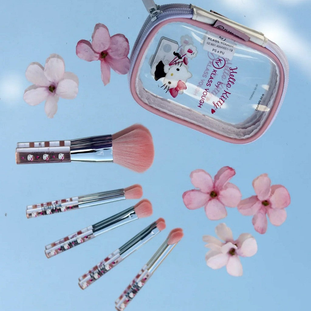 Kit de Pincéis com 5 Mini Pincéis e Necessaire Beleza de Bolso Hello Kitty Klass Vough