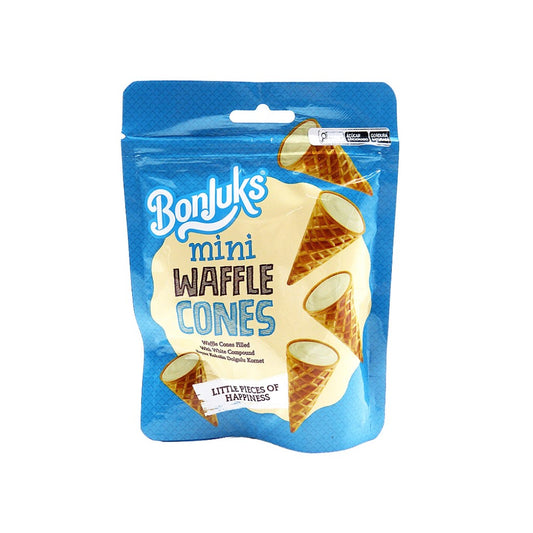 Mini Cones de Wafer com Recheio de Chocolate Branco 50g Bonjuks