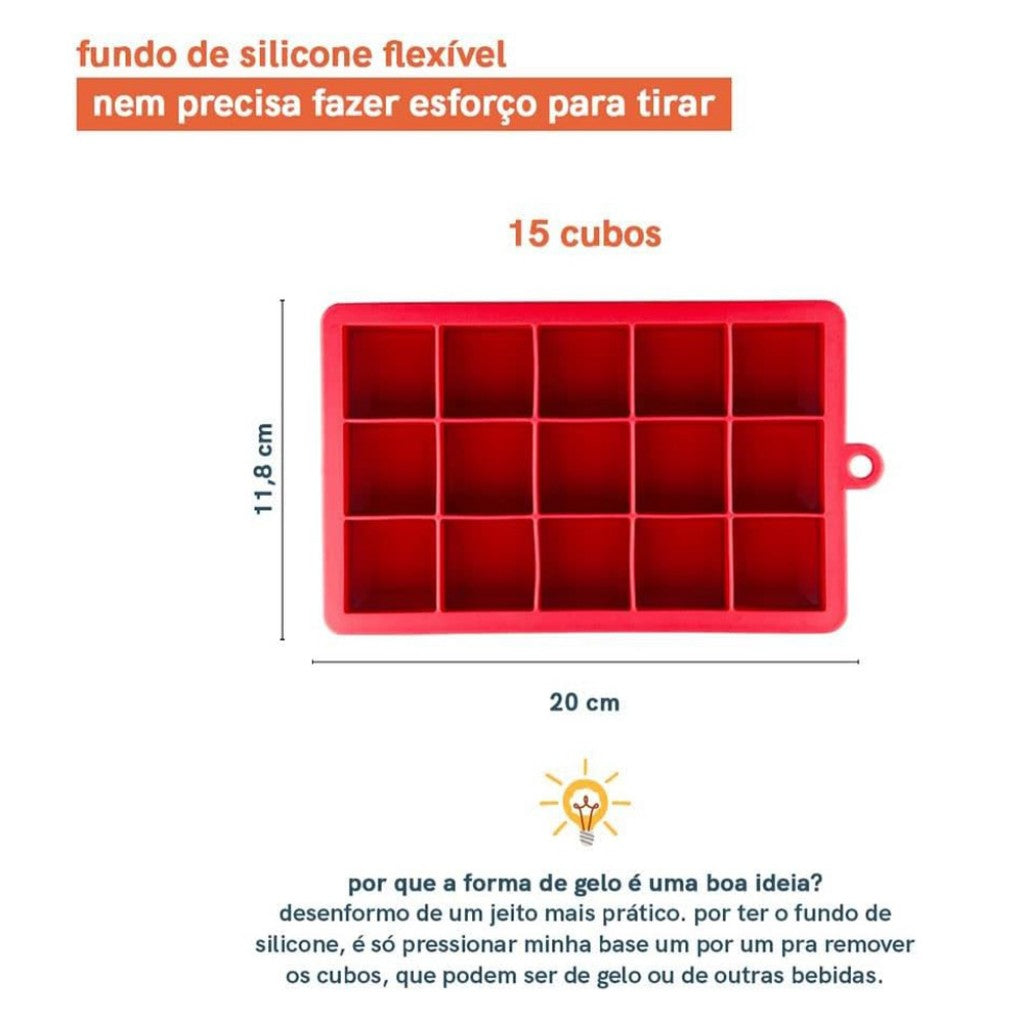 Forma de Gelo de Silicone Vermelho 15 Cubos Jumbo Oikos