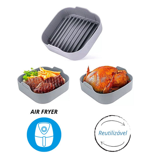 Panela Silicone para Air Fryer Quadrada 21x19.5cm Cinza Mimo Style