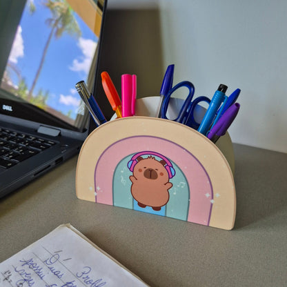Porta Caneta Duplo Capivara Arco Íris Organizador de Mesa Geguton