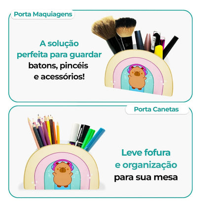 Porta Caneta Duplo Capivara Arco Íris Organizador de Mesa Geguton