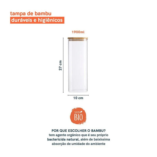 Pote de Vidro Empilhavel com Tampa de Bambu Quadrado Mantimento Oikos 1.9L