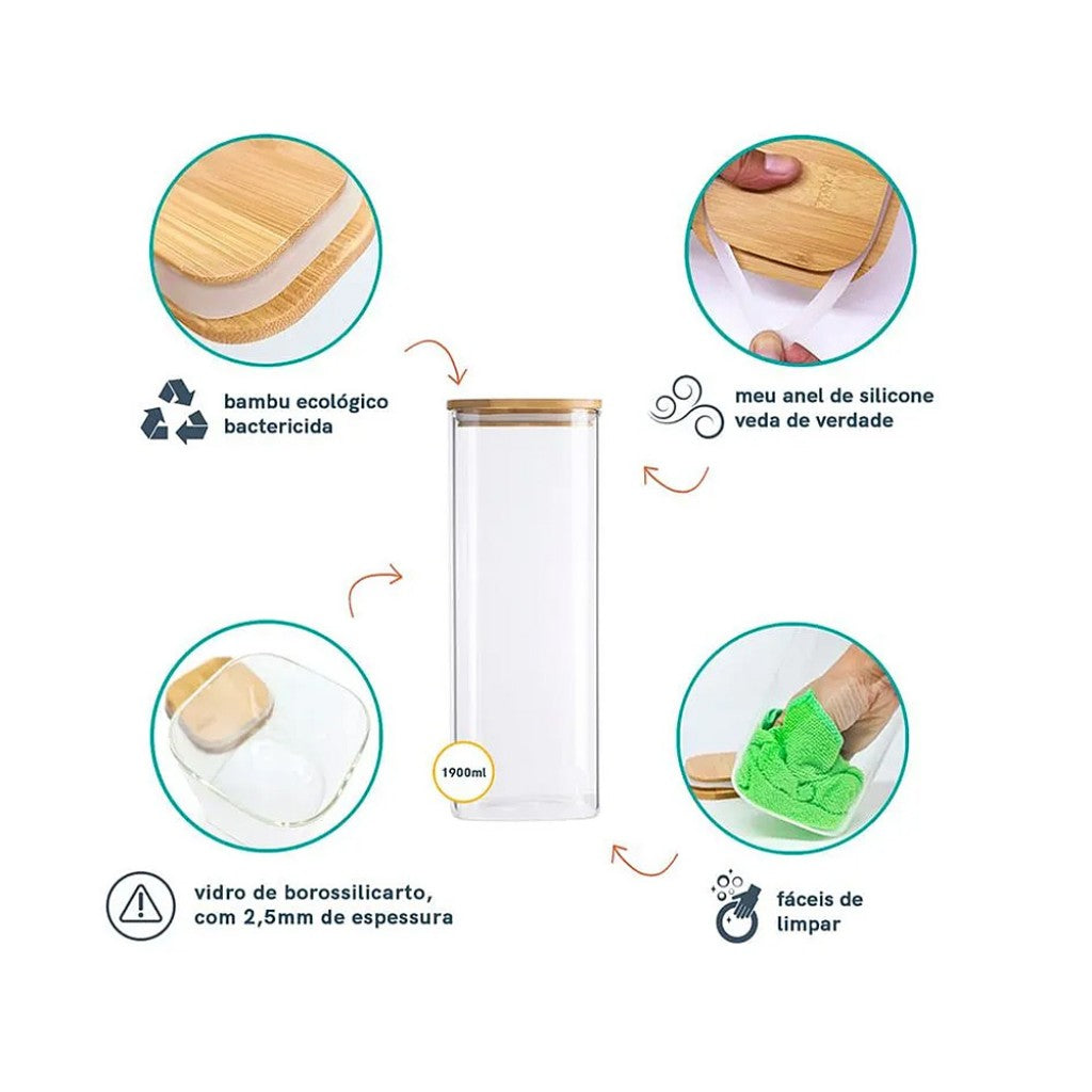 Pote de Vidro Empilhavel com Tampa de Bambu Quadrado Mantimento Oikos 1.9L