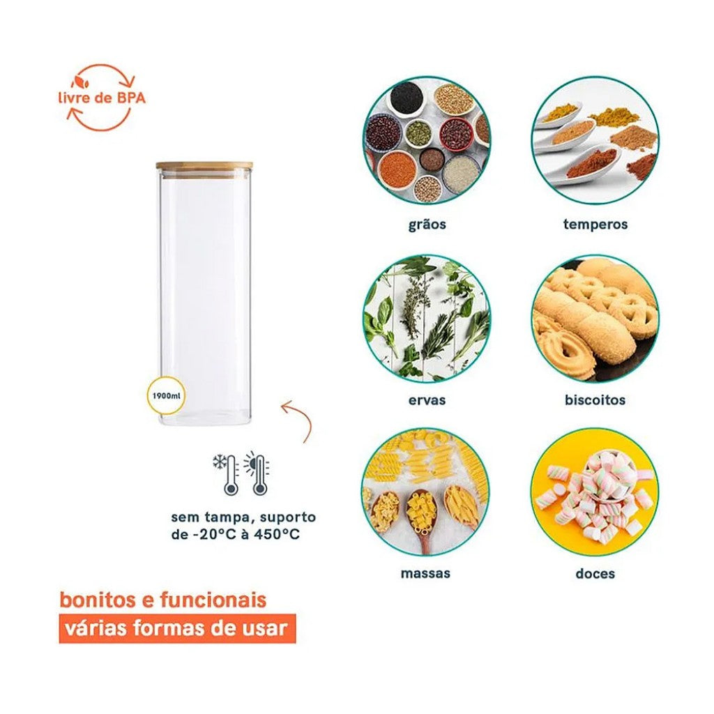 Pote de Vidro Empilhavel com Tampa de Bambu Quadrado Mantimento Oikos 1.9L