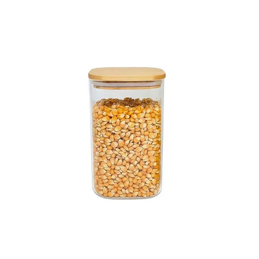 Pote de Vidro Flat com Tampa de Bambu Quadrado Natural 1,1L Oikos