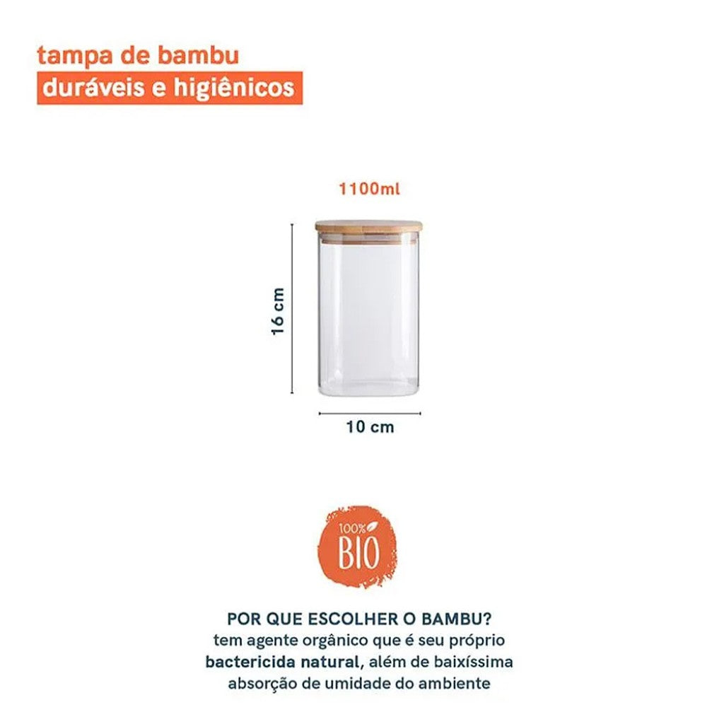 Pote de Vidro Flat com Tampa de Bambu Quadrado Natural 1,1L Oikos