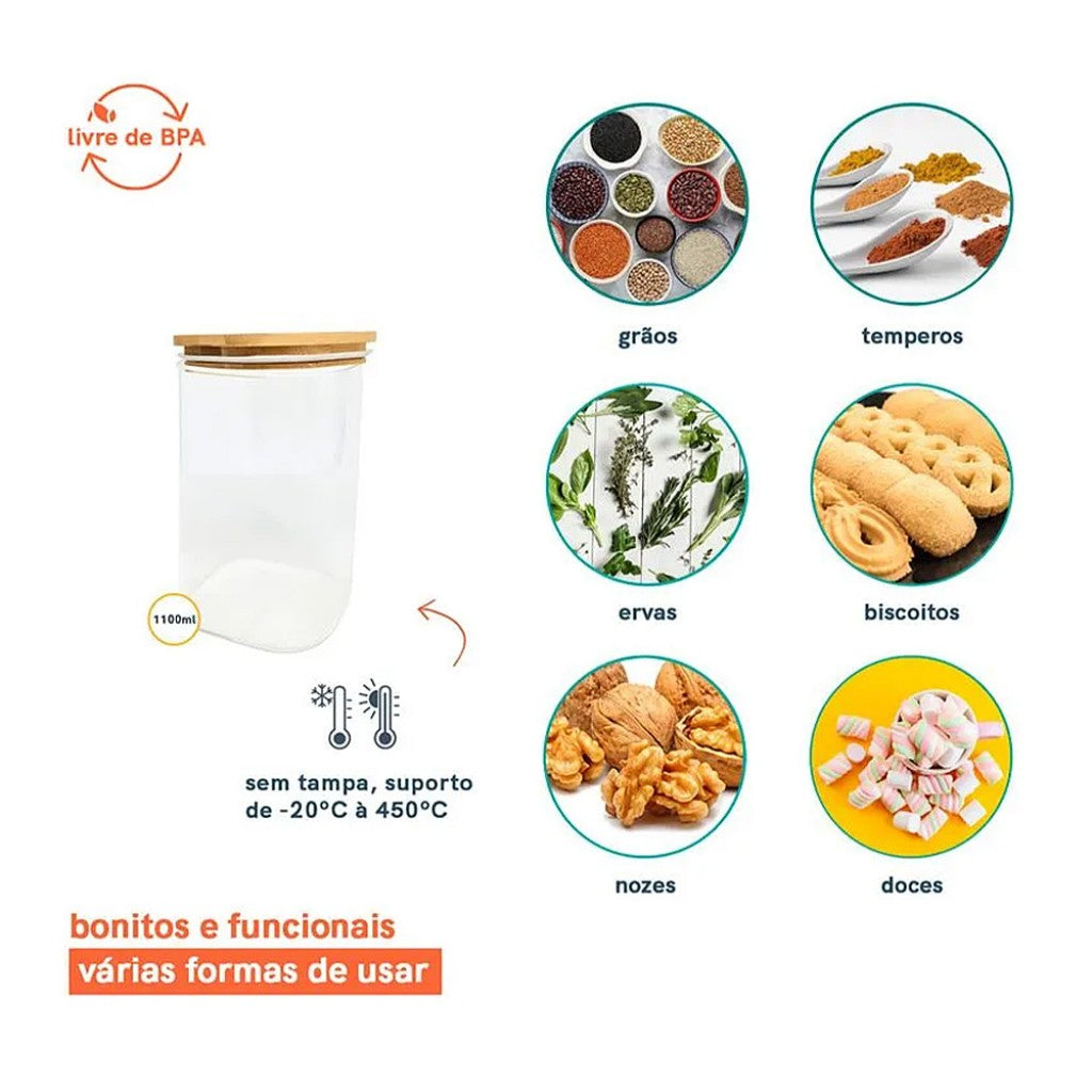 Pote de Vidro Flat com Tampa de Bambu Quadrado Natural 1,1L Oikos