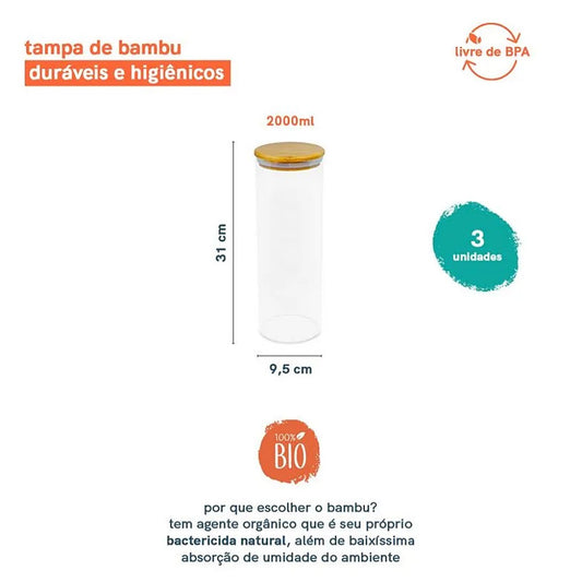 Pote de Vidro com Tampa de Bambu Circular Mantimento Oikos 2L