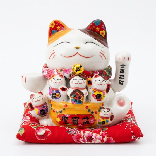 Gato da Sorte Maneki Neko Porcelana com Guizo 19x17cm Empório Daruma