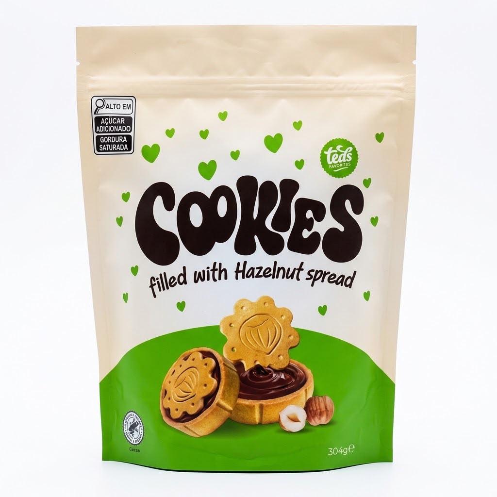 BISCOITO AMANTEIGADO RECHEADO COM CREME DE AVELÃ 304G TEDS FAVORITES