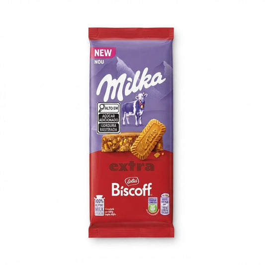 BARRA DE CHOCOLATE AO LEITE COM RECHEIO CREMOSO SABOR BISCOITO CARAMELIZADO E PEDAÇOS DE BISCOFF 190G MILKA