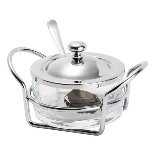 Açucareiro de Vidro com Tampa e Colher de Aço Inox 13cm