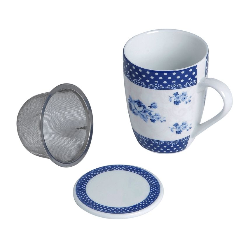 Caneca de Porcelana com Tampa e Filtro Super White Azul e Branco Elsa 310ml