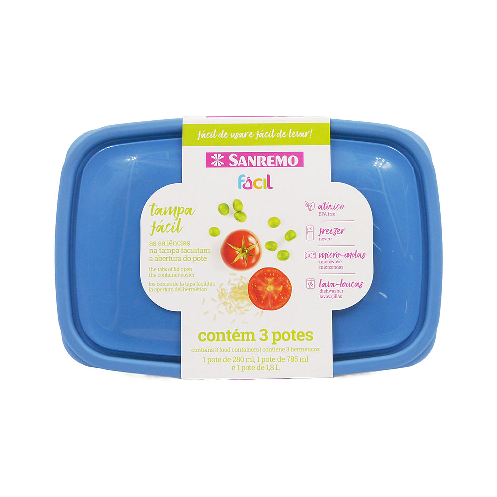 Conjunto com 3 Potes Plastico 280ml/785ml/1,8l
