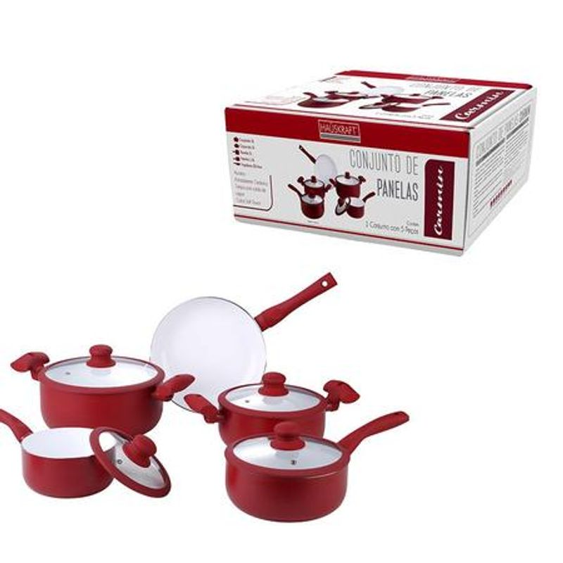 Conjunto com 5 Panelas Antiaderente Carmin Vermelho