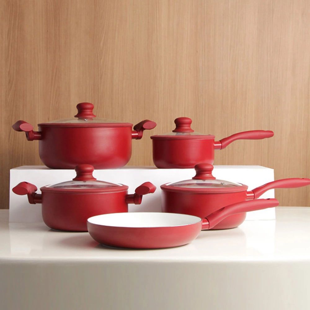 Conjunto com 5 Panelas Antiaderente Carmin Vermelho