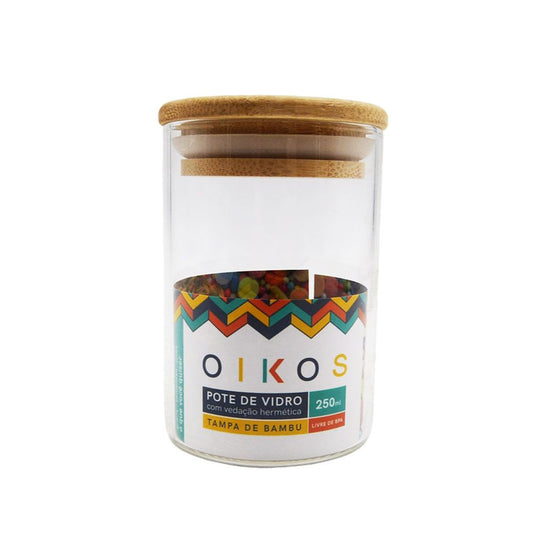 Pote de Vidro com Tampa de Bambu Circular Mantimento 250ml