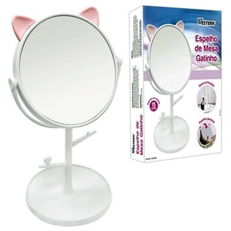 Espelho de Mesa Gatinho com Porta Jóias 30cm