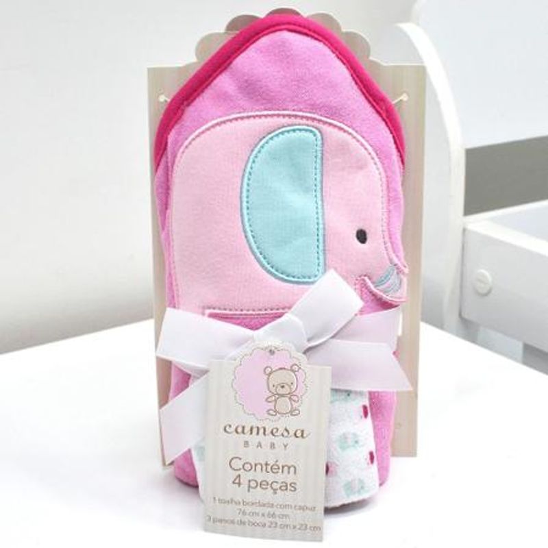 Kit Toalha com Capuz e Toalha de Boca Elefante Rosa 66x16cm e 23cm com 4 Peças