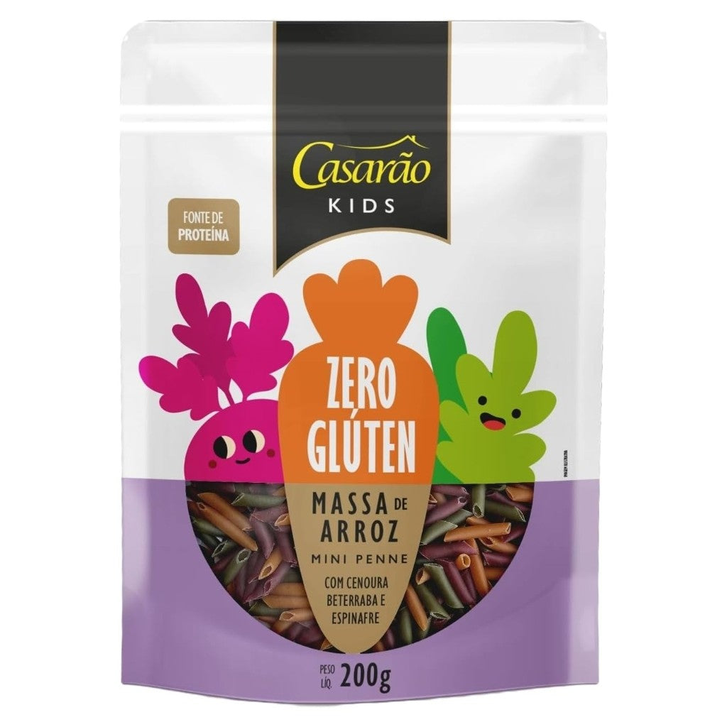 Massa de Arroz Mini Penne com Cenoura Beterraba e Espinafre 200g Casarão Kids
