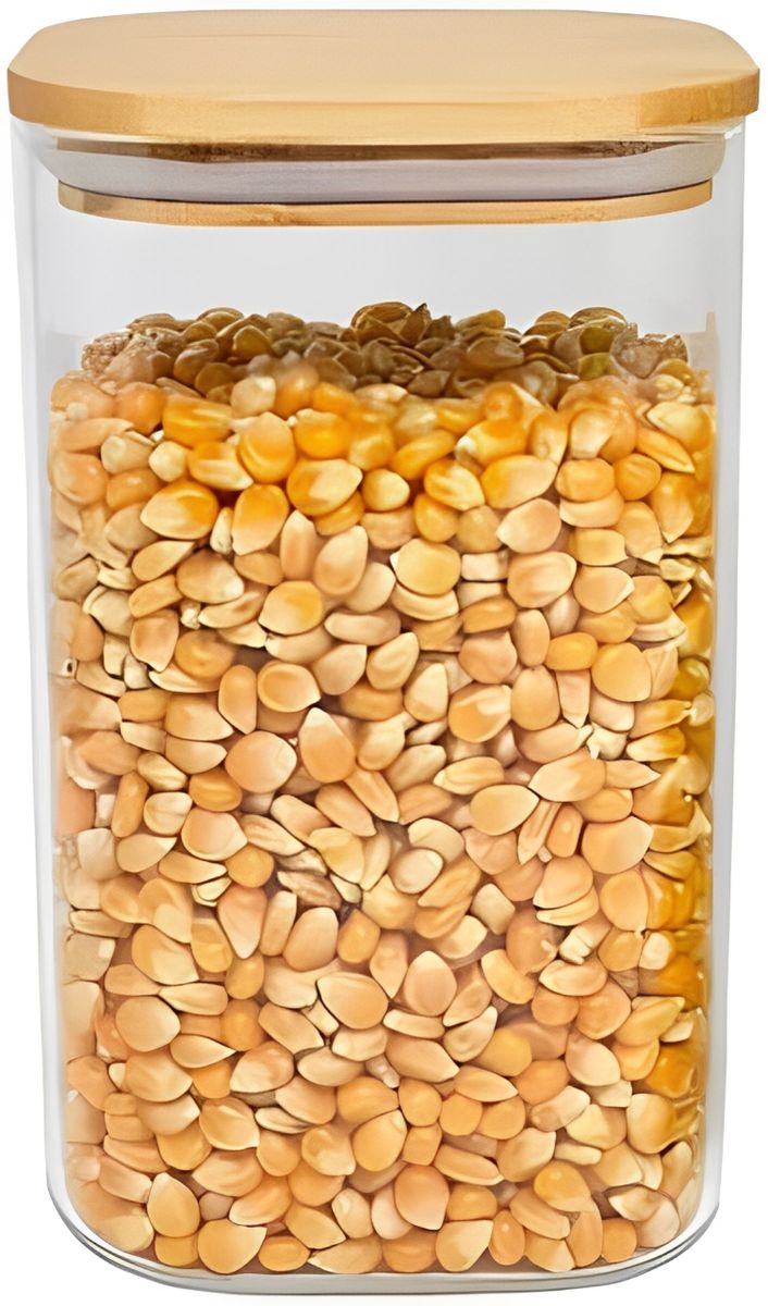 Pote de Vidro Flat com Tampa de Bambu Quadrado Natural 1,1L Oikos