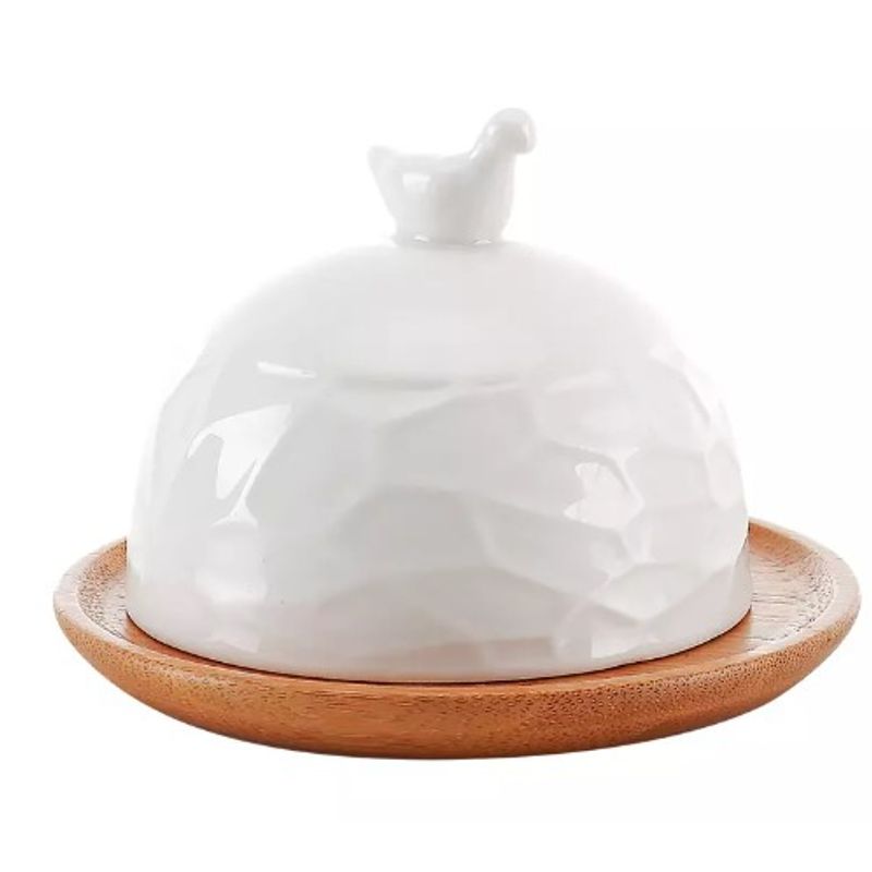 Queijeira em Ceramica Branca e Bambu Oasis 10cm